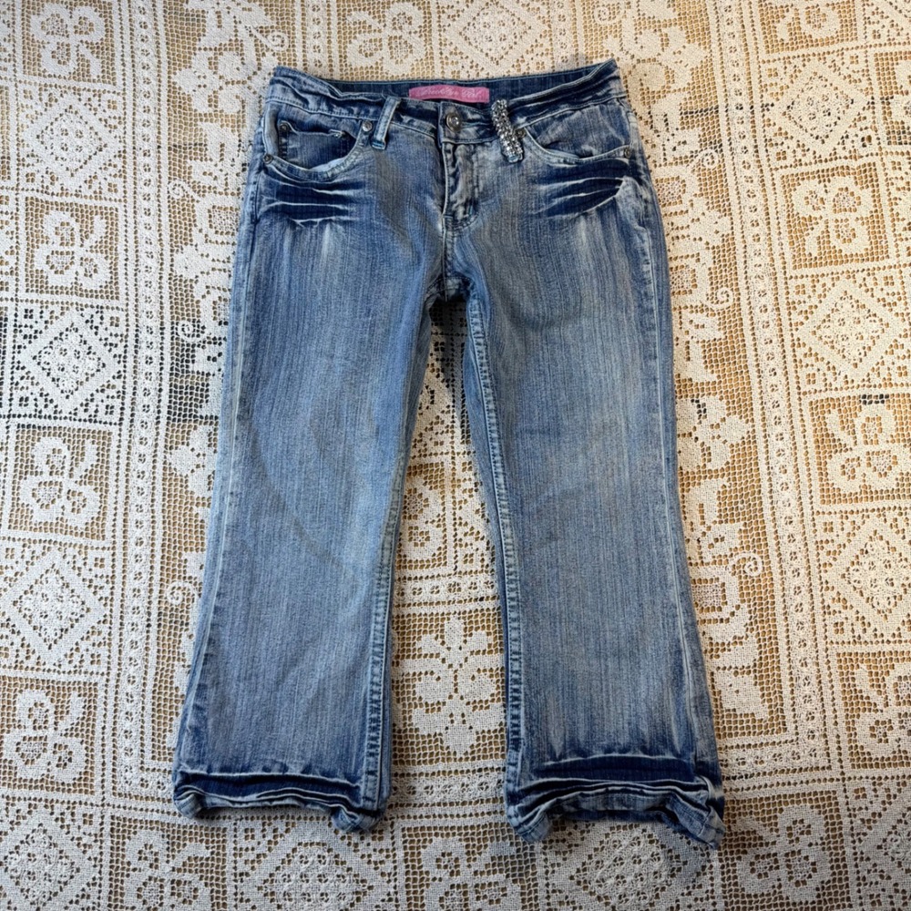 Brooklyn Girl Y2K Low Rise Capri Jeans Light Wash Rhinestone Streetwear Denim 1